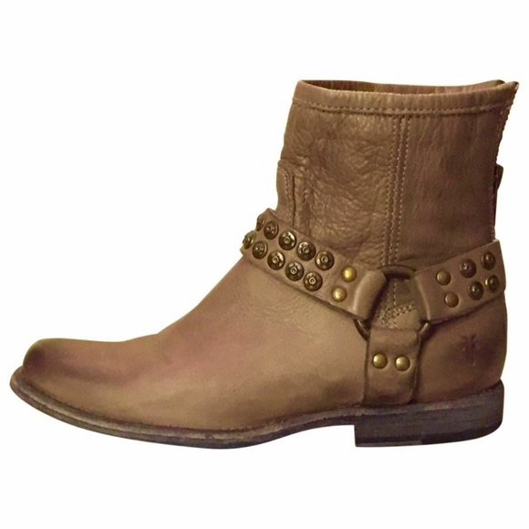 Frye Studded Brown Distressed Moto Booties